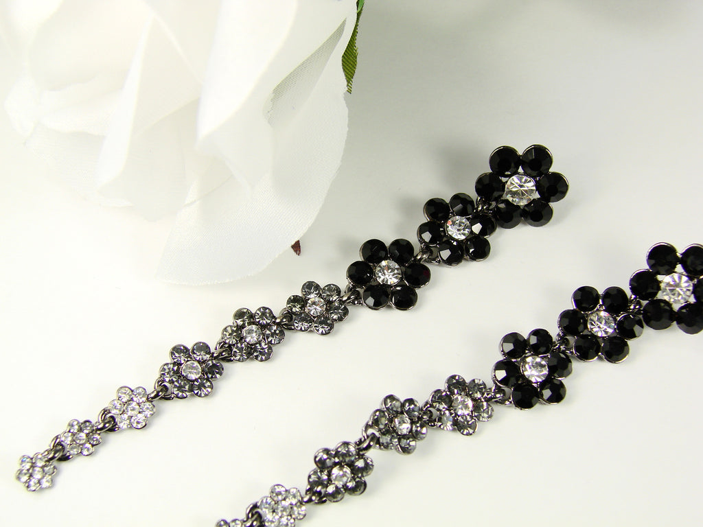 chinese dress ladies Long Black Earrings Crystal Flower Drop Earrings Silver Long Drop Earr –  Martinuzzi Accessories