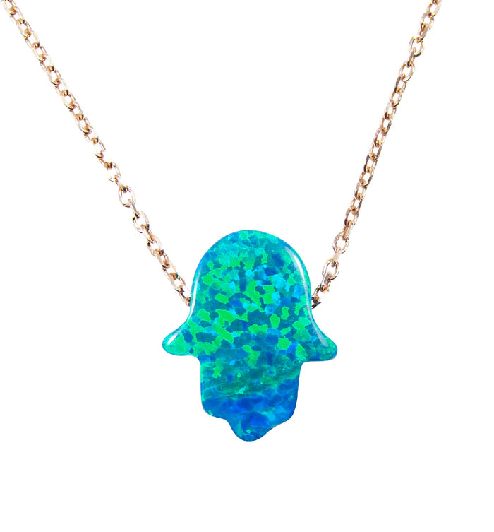 Peacock blue opal hamsa hand necklace rose gold - martinuzzi accessories
