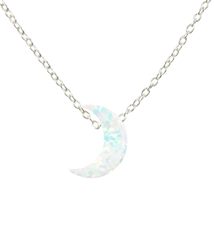Half Crescent Moon Necklace White Opal Pendant Sterling Silver Chain - Martinuzzi Accessories