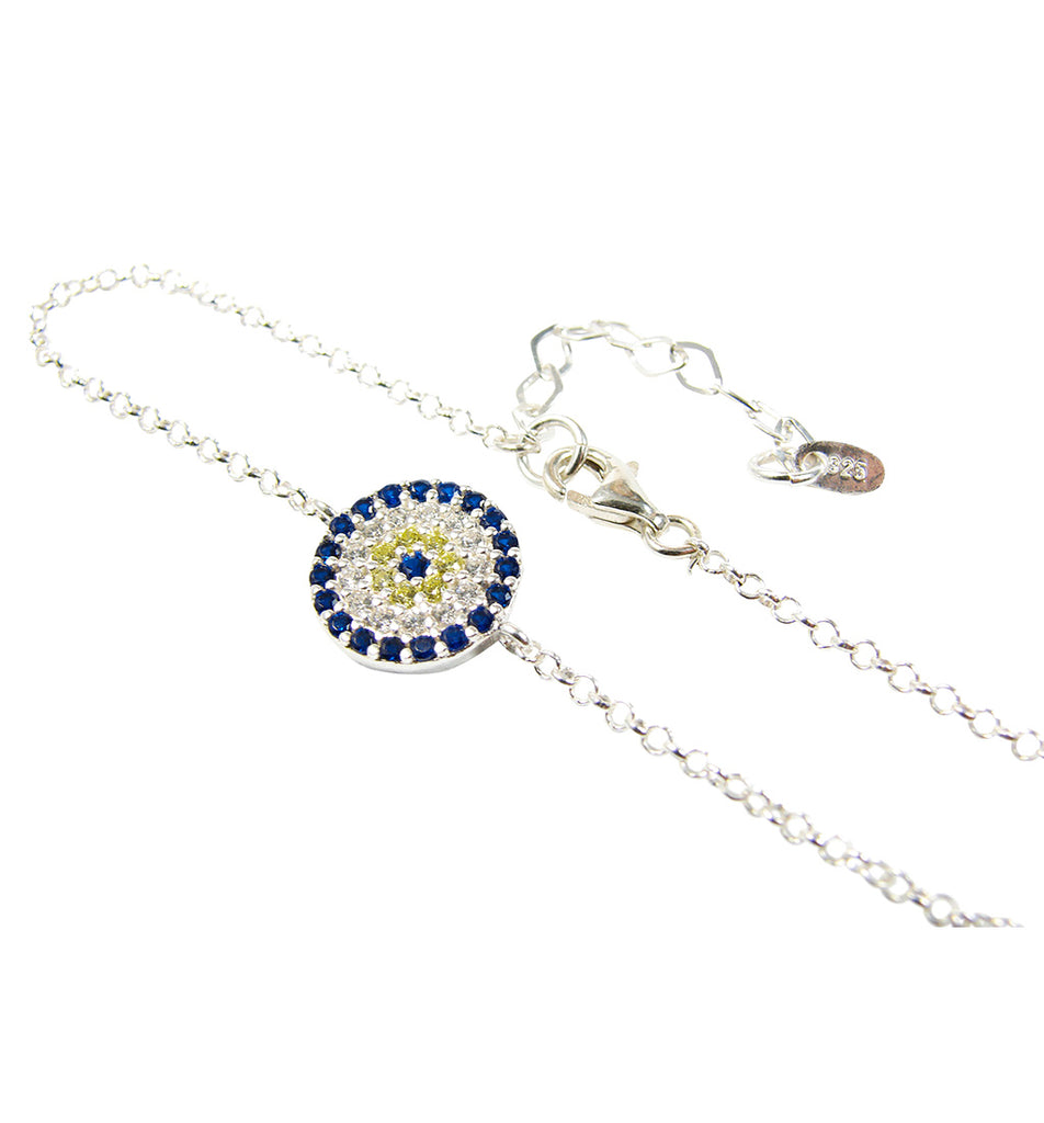 Sterling Silver Clear CZ and Blue store Opal Evil Eye Box Bracelet