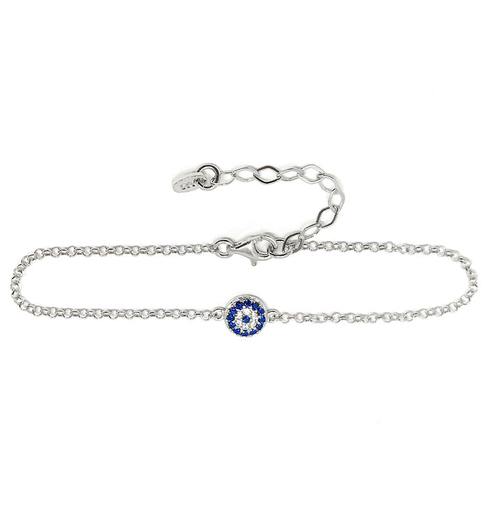 Evil Eye Chain Bracelet Sterling Silver Turkish Little Round Charm Cubic Zirconia