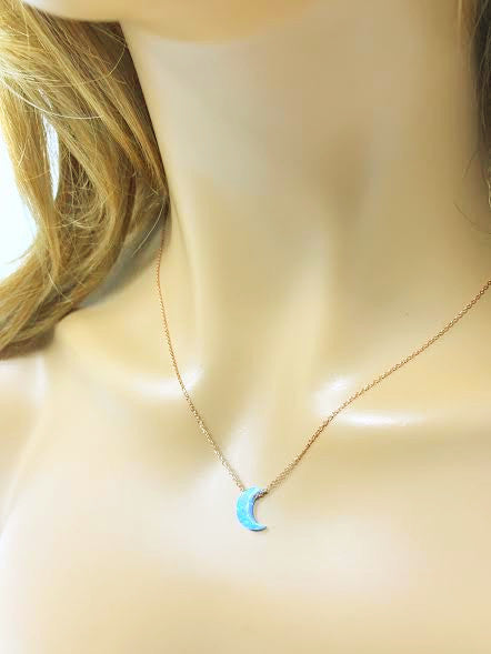 Half Crescent Moon Necklace Light Blue Opal Pendant Rose Gold Plated Sterling Silver Chain