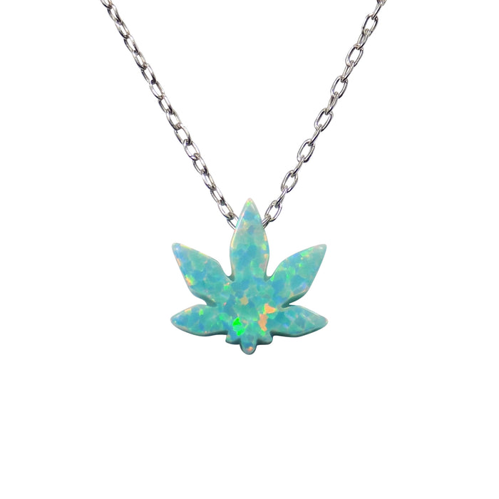 Lab-Created Opal Marijuana Leaf Necklace | Sterling Silver Chain | Weed Jewelry