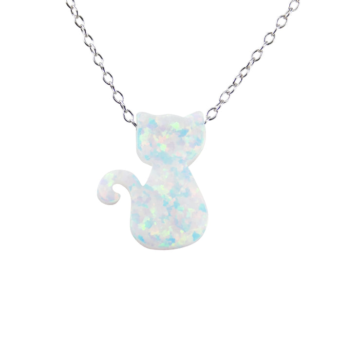 Cat Necklace White Opal Charm Pendant 925 Sterling Silver Chain