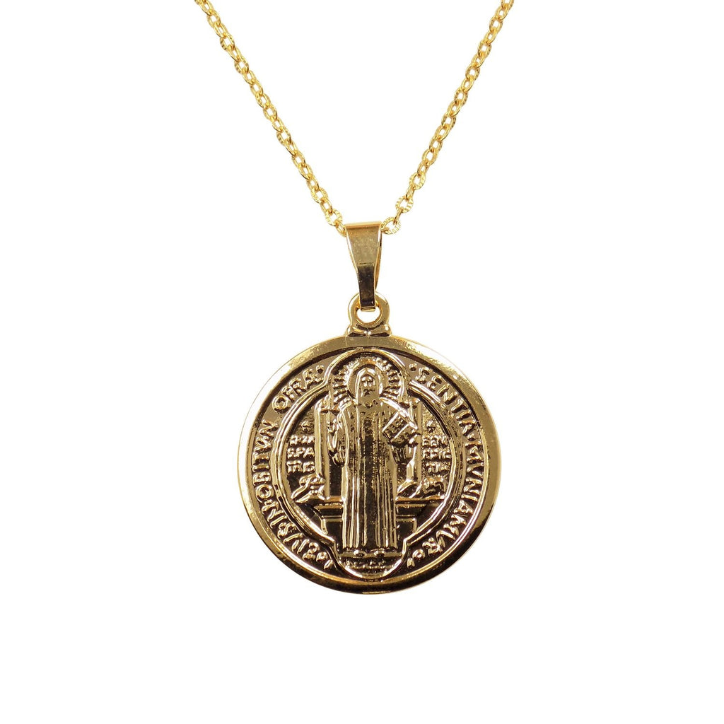 18k Gold Plated San Benito St Saint Benedict Small Medal Protect. Necklace  20”