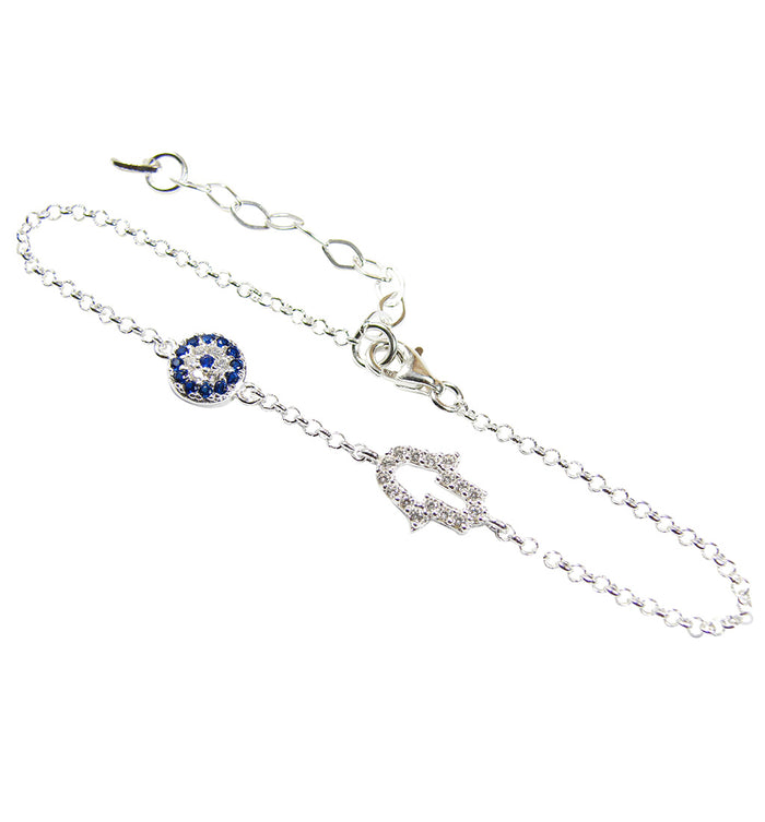 Evil Eye Hamsa Hand Bracelet Sterling Silver CZ Hand of Fatima Bangle Amulet