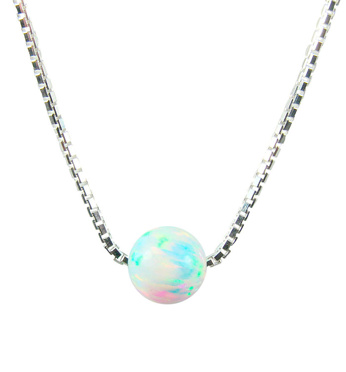 Solitaire Necklace Opal Bead 925 Sterling Silver Box Chain