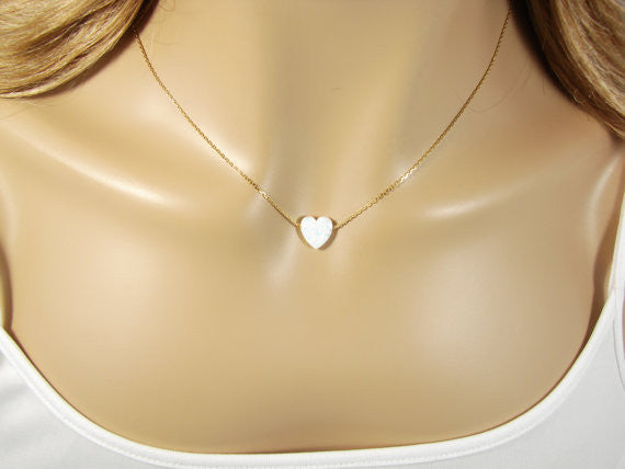 Heart Necklace Lab-created white opal pendant with 925 sterling silver chain necklace