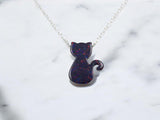 Black Dark cat necklace, lab-created opal, sterling silver chain