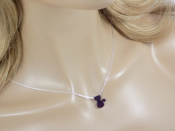 Black Dark cat necklace, lab-created opal, sterling silver chain