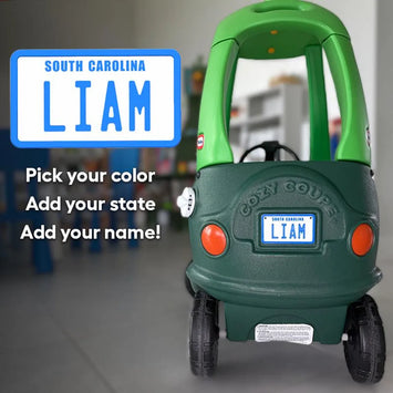 Custom 2.2x3.7 inch mini license plate attached to Cozy Coupe kids car