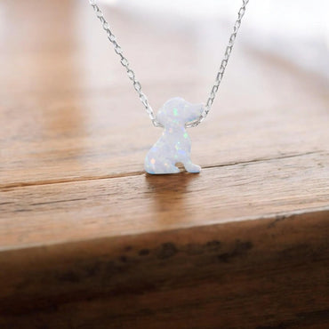 Tiny Lab-Created opal dog pendant necklace on a 925 sterling silver chain
