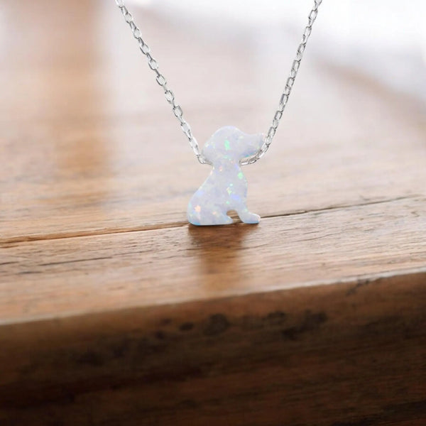 Tiny Lab-Created opal dog pendant necklace on a 925 sterling silver chain
