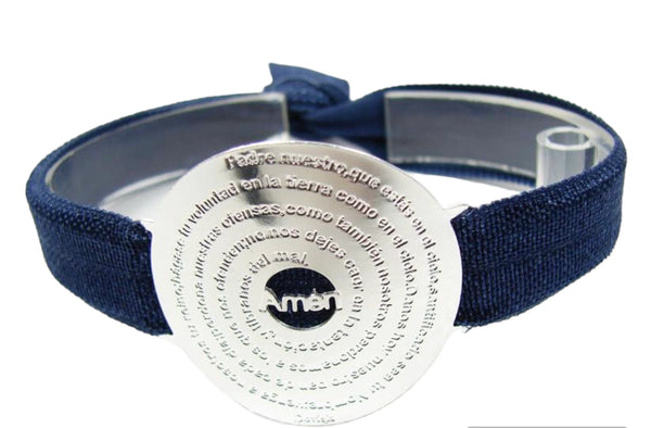 Our Father Bracelet. Lord's Prayer Engraved Silver Plated Medal Elastic Band Adjustable Bracelet.