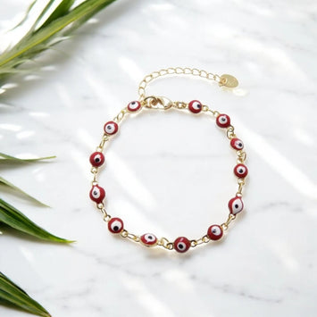 Red Evil Eye Bracelet, Tiny Turkish Eye Charm, Gold Plated