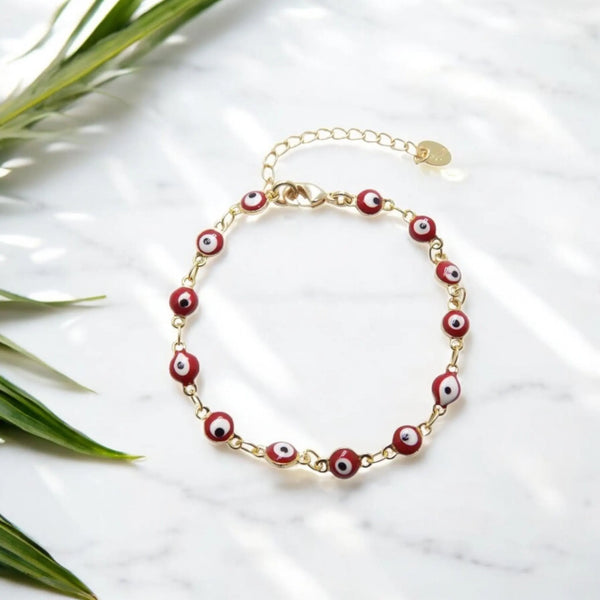 Red Evil Eye Bracelet, Tiny Turkish Eye Charm, Gold Plated