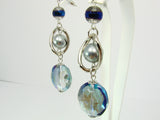 Blue Glass Beads Earrings with Pearls Silver Tone
