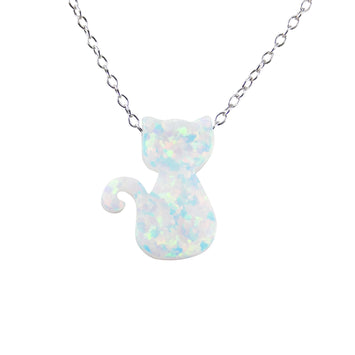 Cat necklace with white opal cat pendant on 925 sterling silver chain, front view