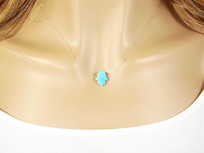 Opal Hamsa Hand Clear Necklace Floating Illusion Pendant