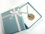Our Father Prayer Necklace with blue turquoise Cross gift box