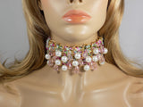 Beaded Fabric Choker Pink Floral Pattern Lace Choker Necklace - Martinuzzi Accessories