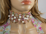 Beaded Fabric Choker Pink Floral Pattern Lace Choker Necklace - Martinuzzi Accessories
