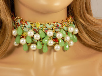 Choker Necklace with Beads Green Fabric Lace Exotic Fashion Martinuzzi Accessories