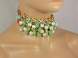 Choker Necklace with Beads Green Fabric Lace Exotic Fashion - Martinuzzi Accessories