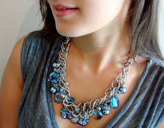 Chunky Blue Recycled Glass Bead Necklace | beadingbikinijewelry