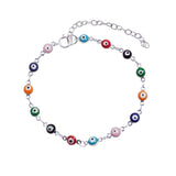Multicolor evil eye bracelet with silver‑plated chain displayed on white background
