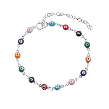 Multicolor evil eye bracelet with silver‑plated chain displayed on white background