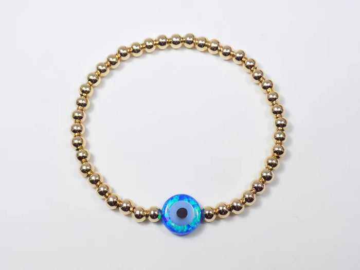 Opal Evil Eye Gold Filled Stretch Beaded Bracelet Blue
