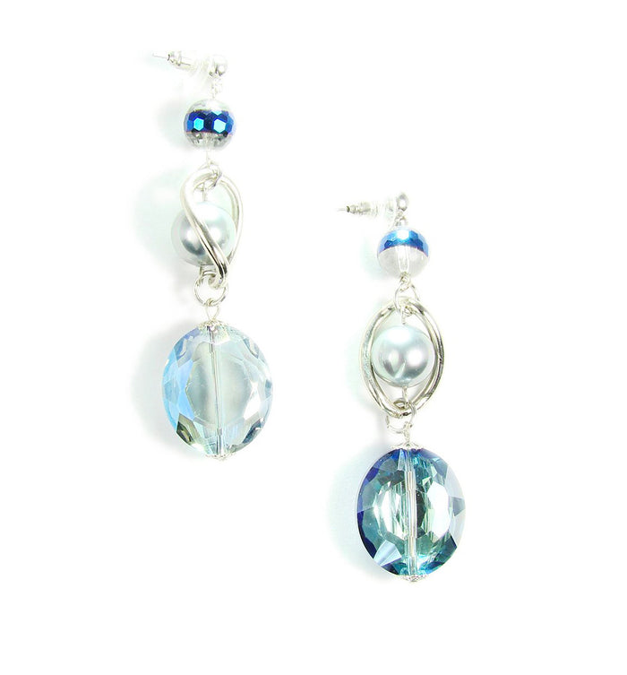 Blue Glass Beads Earrings with Pearls Silver Tone