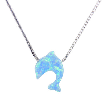 Opal Dolphin Pendant Necklace Sterling Silver Tiny Blue Gift for Her