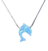Opal Dolphin Pendant Necklace Sterling Silver Tiny Blue Gift for Her