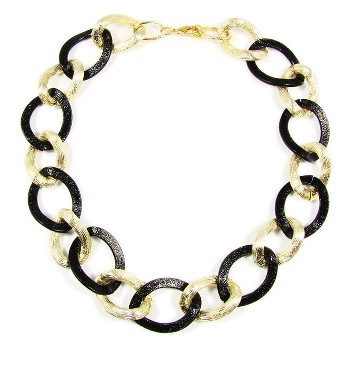 Chain Link Necklace Classic necklace features a golden and black toned chain