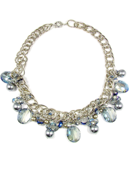 Beaded Statement Necklace Blue Crystal Glass Pearl Rodhium Rings Crystal Bead Necklace Glass Beads Synthetic Pearls
