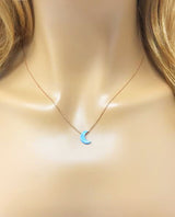 Half Crescent Moon Necklace Light Blue Opal Pendant Rose Gold Plated Sterling Silver Chain