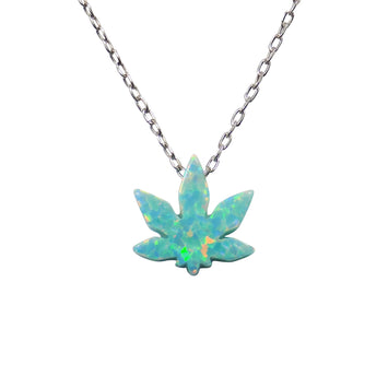 Lab-Created Opal Marijuana Leaf Necklace | Sterling Silver Chain | Weed Jewelry